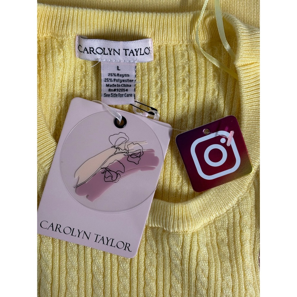 Carolyn Taylor Womens Yellow Cable Knit Heart Embroidered Short Sleeve Sweater L - Picture 2 of 5